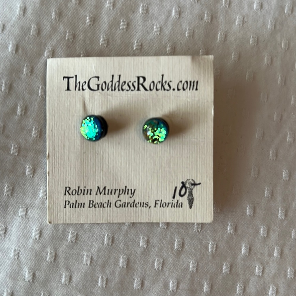 Earrings,glass studs, green iridescent.